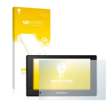 Vorderseite einer Produktverpackung mit dem Markenlogo upscreen. Daneben ist das Gerät Garmin DriveSmart 50 LMT-D mit dem zuge