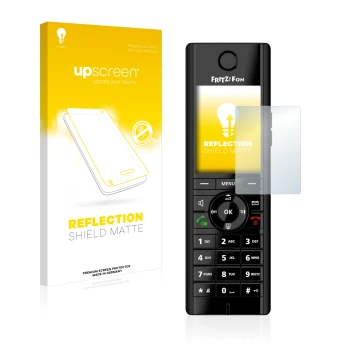 Vorderseite einer Produktverpackung mit dem Markenlogo upscreen. Daneben ist das Gerät AVM Fritz!Fon C5 mit dem zugehörigen Di