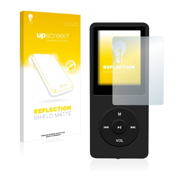 Vorderseite einer Produktverpackung mit dem Markenlogo upscreen. Daneben ist das Gerät AGPtek 8GB MP3-Player mit dem zugehörig