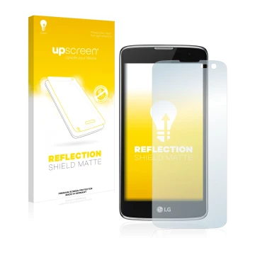 Vorderseite einer Produktverpackung mit dem Markenlogo upscreen. Daneben ist das Gerät LG K7 (NUR Kamera rechts) mit dem zugeh