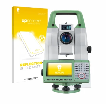 Vorderseite einer Produktverpackung mit dem Markenlogo upscreen. Daneben ist das Gerät Leica Viva TS16 mit dem zugehörigen Dis