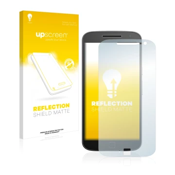 Vorderseite einer Produktverpackung mit dem Markenlogo upscreen. Daneben ist das Gerät Motorola Moto G4 Plus mit dem zugehörig