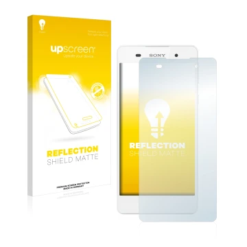 Vorderseite einer Produktverpackung mit dem Markenlogo upscreen. Daneben ist das Gerät Sony Xperia E5 mit dem zugehörigen Disp