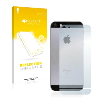 Vorderseite einer Produktverpackung mit dem Markenlogo upscreen. Daneben ist das Gerät Apple iPhone SE 2016 Rückseite (gesamte