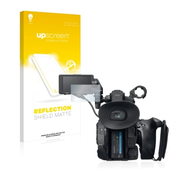 Vorderseite einer Produktverpackung mit dem Markenlogo upscreen. Daneben ist das Gerät Sony PXW-FS5 mit dem zugehörigen Displa