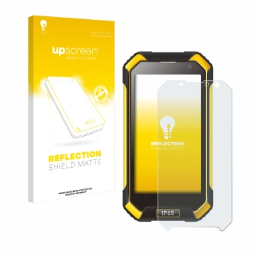 Vorderseite einer Produktverpackung mit dem Markenlogo upscreen. Daneben ist das Gerät Blackview BV6000 mit dem zugehörigen Di