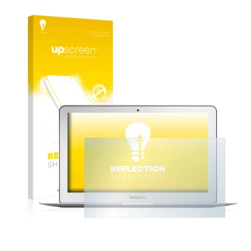 Vorderseite einer Produktverpackung mit dem Markenlogo upscreen. Daneben ist das Gerät Apple MacBook Air 11