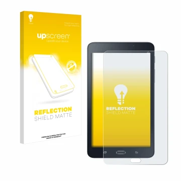 Vorderseite einer Produktverpackung mit dem Markenlogo upscreen. Daneben ist das Gerät Samsung Galaxy Tab A6 7.0 mit dem zugeh