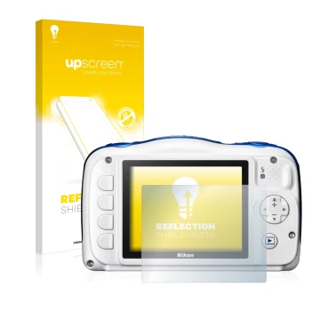 Vorderseite einer Produktverpackung mit dem Markenlogo upscreen. Daneben ist das Gerät Nikon Coolpix W100 mit dem zugehörigen 