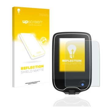 Vorderseite einer Produktverpackung mit dem Markenlogo upscreen. Daneben ist das Gerät Freestyle Libre mit dem zugehörigen Dis