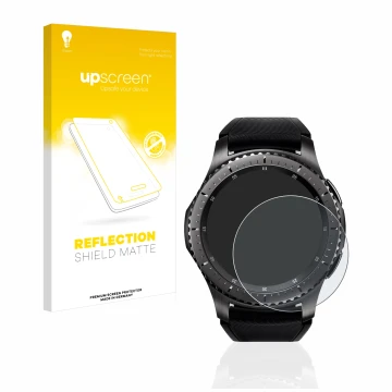 Vorderseite einer Produktverpackung mit dem Markenlogo upscreen. Daneben ist das Gerät Samsung Gear S3 Frontier mit dem zugehö