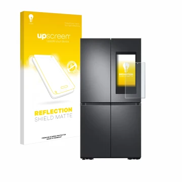 Vorderseite einer Produktverpackung mit dem Markenlogo upscreen. Daneben ist das Gerät Samsung Family Hub 21.5