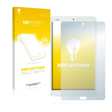 Vorderseite einer Produktverpackung mit dem Markenlogo upscreen. Daneben ist das Gerät Huawei MediaPad M3 8.4 mit dem zugehöri