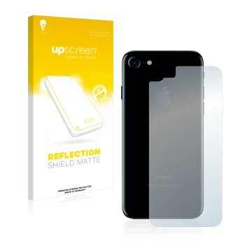 Vorderseite einer Produktverpackung mit dem Markenlogo upscreen. Daneben ist das Gerät Apple iPhone 7 Rückseite (gesamte Fläch