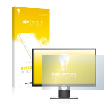 Vorderseite einer Produktverpackung mit dem Markenlogo upscreen. Daneben ist das Gerät Dell P2417H mit dem zugehörigen Display