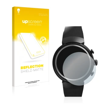 Vorderseite einer Produktverpackung mit dem Markenlogo upscreen. Daneben ist das Gerät ASUS ZenWatch 3 1.39
