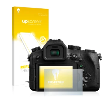 Vorderseite einer Produktverpackung mit dem Markenlogo upscreen. Daneben ist das Gerät Panasonic Lumix DMC-FZ2000 mit dem zuge