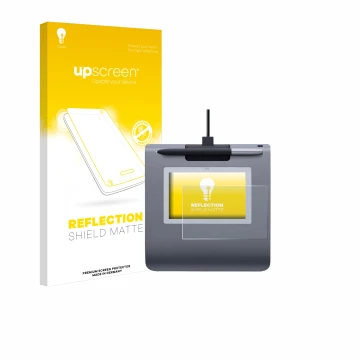 Vorderseite einer Produktverpackung mit dem Markenlogo upscreen. Daneben ist das Gerät Wacom STU-430 mit dem zugehörigen Displ