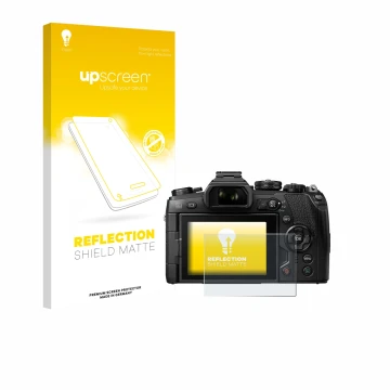 Vorderseite einer Produktverpackung mit dem Markenlogo upscreen. Daneben ist das Gerät Olympus OM-D E-M1 Mark II mit dem zugeh