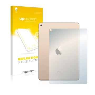 Vorderseite einer Produktverpackung mit dem Markenlogo upscreen. Daneben ist das Gerät Apple iPad Air 2 2014 (Rückseite) mit d