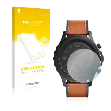 Vorderseite einer Produktverpackung mit dem Markenlogo upscreen. Daneben ist das Gerät Fossil Q Nate mit dem zugehörigen Displ