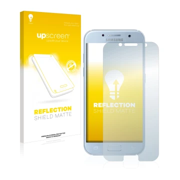 Vorderseite einer Produktverpackung mit dem Markenlogo upscreen. Daneben ist das Gerät Samsung Galaxy A5 2017 mit dem zugehöri