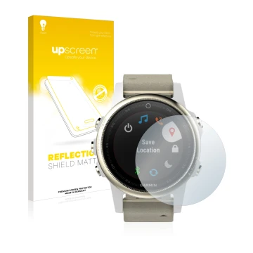 Vorderseite einer Produktverpackung mit dem Markenlogo upscreen. Daneben ist das Gerät Garmin Fenix 5S (42 mm) mit dem zugehör