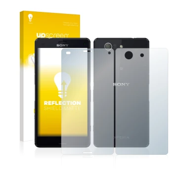 Vorderseite einer Produktverpackung mit dem Markenlogo upscreen. Daneben ist das Gerät Sony Xperia Z3 Compact D5803 (Display+R