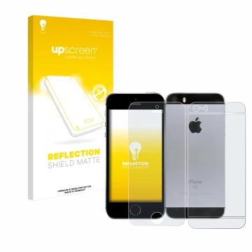 Vorderseite einer Produktverpackung mit dem Markenlogo upscreen. Daneben ist das Gerät Apple iPhone SE 2016 (Display+Rückseite