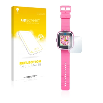 Vorderseite einer Produktverpackung mit dem Markenlogo upscreen. Daneben ist das Gerät Vtech Kidizoom Smart Watch DX mit dem z