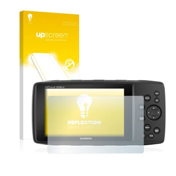 Vorderseite einer Produktverpackung mit dem Markenlogo upscreen. Daneben ist das Gerät Garmin 276Cx mit dem zugehörigen Displa