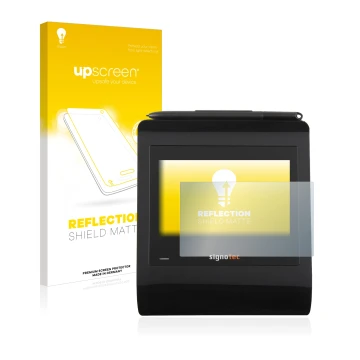 Vorderseite einer Produktverpackung mit dem Markenlogo upscreen. Daneben ist das Gerät Signotec Signature Pad Gamma mit dem zu