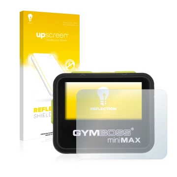 Vorderseite einer Produktverpackung mit dem Markenlogo upscreen. Daneben ist das Gerät Gymboss Minimax mit dem zugehörigen Dis