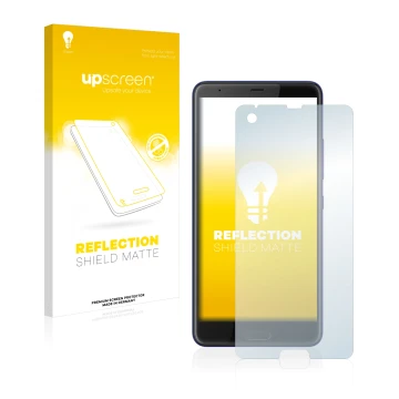 Vorderseite einer Produktverpackung mit dem Markenlogo upscreen. Daneben ist das Gerät HTC U Ultra mit dem zugehörigen Display