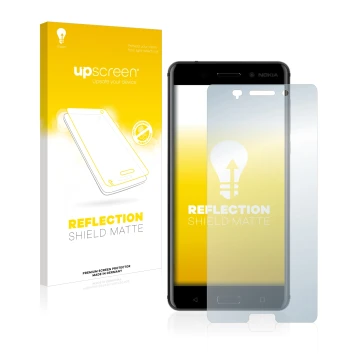 Vorderseite einer Produktverpackung mit dem Markenlogo upscreen. Daneben ist das Gerät Nokia 6 2017 mit dem zugehörigen Displa