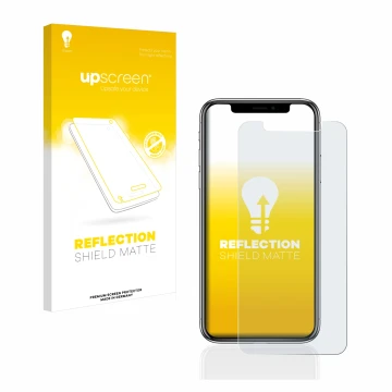 Vorderseite einer Produktverpackung mit dem Markenlogo upscreen. Daneben ist das Gerät Apple iPhone X mit dem zugehörigen Disp