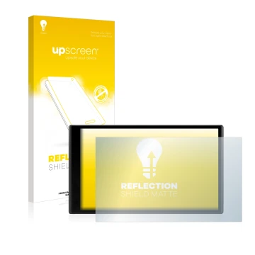 Vorderseite einer Produktverpackung mit dem Markenlogo upscreen. Daneben ist das Gerät Garmin DriveSmart 61 LMT-D mit dem zuge