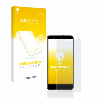 Vorderseite einer Produktverpackung mit dem Markenlogo upscreen. Daneben ist das Gerät Huawei P10 Lite mit dem zugehörigen Dis