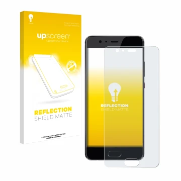 Vorderseite einer Produktverpackung mit dem Markenlogo upscreen. Daneben ist das Gerät Huawei P10 Plus mit dem zugehörigen Dis