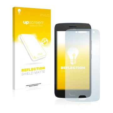 Vorderseite einer Produktverpackung mit dem Markenlogo upscreen. Daneben ist das Gerät Motorola Moto G5 Plus mit dem zugehörig