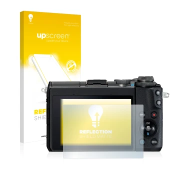 Vorderseite einer Produktverpackung mit dem Markenlogo upscreen. Daneben ist das Gerät Canon EOS M6 mit dem zugehörigen Displa