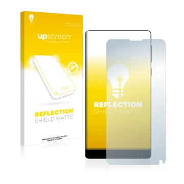 Vorderseite einer Produktverpackung mit dem Markenlogo upscreen. Daneben ist das Gerät Xiaomi Mi Mix 2 mit dem zugehörigen Dis