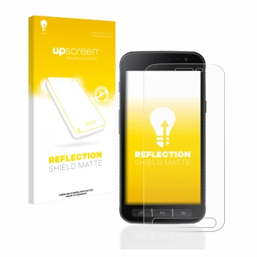 Vorderseite einer Produktverpackung mit dem Markenlogo upscreen. Daneben ist das Gerät Samsung Galaxy XCover 4 mit dem zugehör