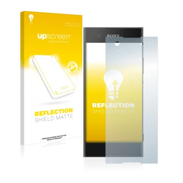 Vorderseite einer Produktverpackung mit dem Markenlogo upscreen. Daneben ist das Gerät Sony Xperia XA1 mit dem zugehörigen Dis