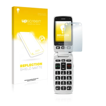 Vorderseite einer Produktverpackung mit dem Markenlogo upscreen. Daneben ist das Gerät Doro Primo 413 mit dem zugehörigen Disp