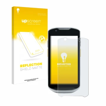 Vorderseite einer Produktverpackung mit dem Markenlogo upscreen. Daneben ist das Gerät Zebra TC56 mit dem zugehörigen Displays