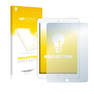 Vorderseite einer Produktverpackung mit dem Markenlogo upscreen. Daneben ist das Gerät Apple iPad 9.7 2017 (5. Gen.) mit dem z