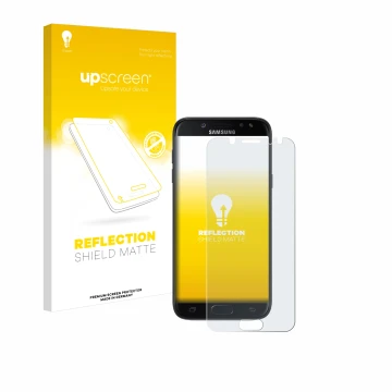 Vorderseite einer Produktverpackung mit dem Markenlogo upscreen. Daneben ist das Gerät Samsung Galaxy J5 2017 mit dem zugehöri