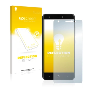 Vorderseite einer Produktverpackung mit dem Markenlogo upscreen. Daneben ist das Gerät BQ Aquaris X mit dem zugehörigen Displa