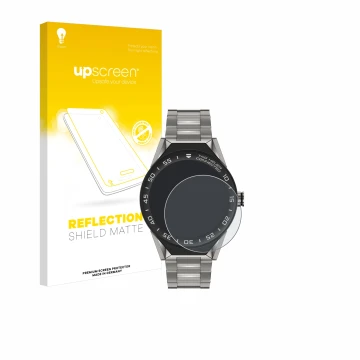 Vorderseite einer Produktverpackung mit dem Markenlogo upscreen. Daneben ist das Gerät TAG Heuer Connected Modular 45 mit dem 